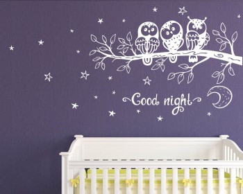 Owl Family Sitting On A Branch Wall Decal, Moon & Stars Vinyl Design Owl Family Sitting On A Branch Wall Decal, Moon & Stars Vinyl Design